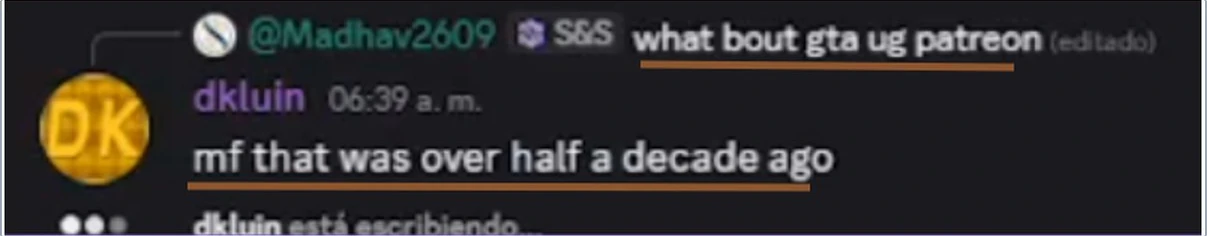 Exhibit 3: asked about the other project's own past Patreon, the reply is that it was years ago