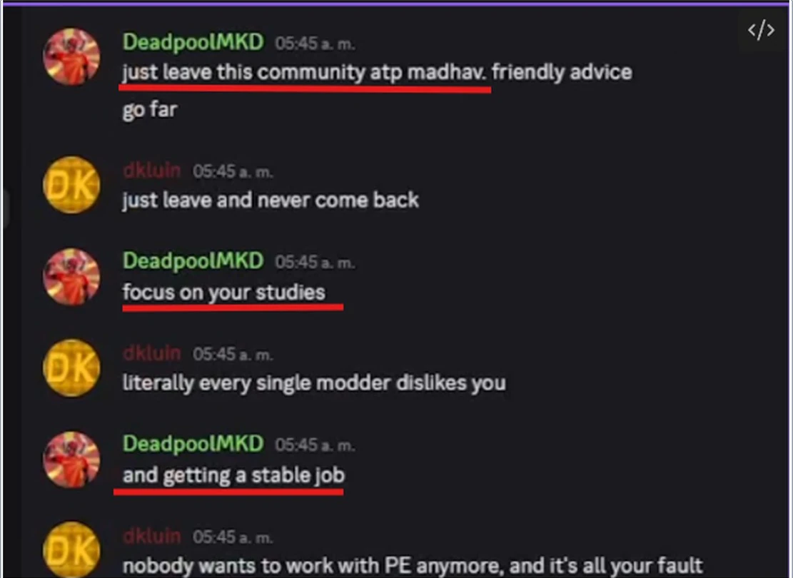 Exhibit 3: pressure directed at a PE lead to leave the community