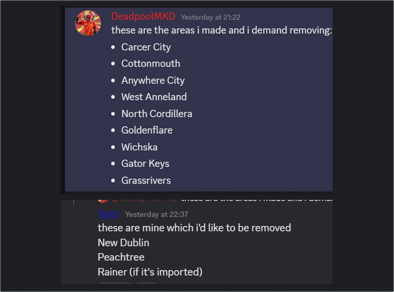 Exhibit 1: specific removal requests sent for previously contributed areas