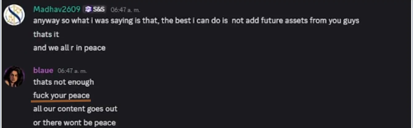 Exhibit 5: response demanding all content be removed or there would be no peace